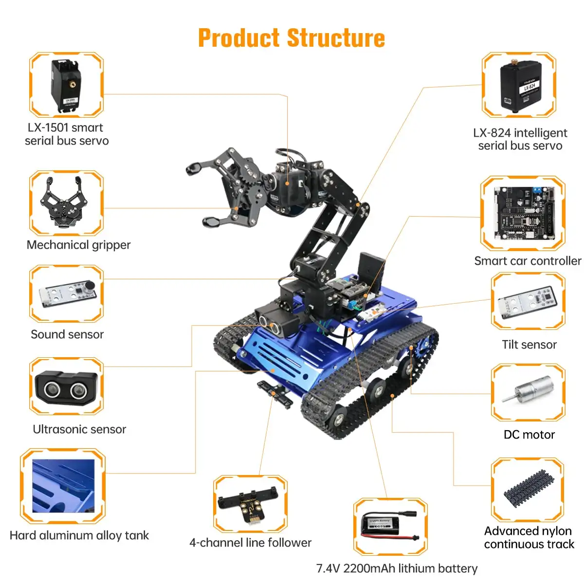 Hiwonder tankbot trilha robô carro carregado com braço robótico para programação stm32