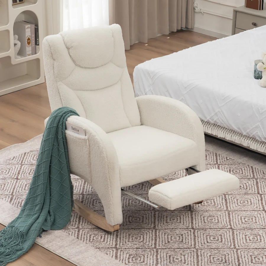 Fauteuil à bascule, fauteuil inclinable, fauteuil de salon avec accoudoirs, fauteuil à bascule rembourré, fauteuil d'appoint pour chambre, tissu blanc effet peluche, capacité de charge de 110 kg