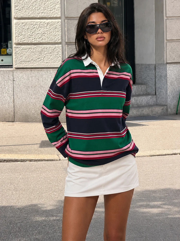 HH Fashion Women’s Colorblock Striped Polo Shirt 2026 Spring Autumn Preppy Style Soft Contrast Collar Detail Pullover Tops