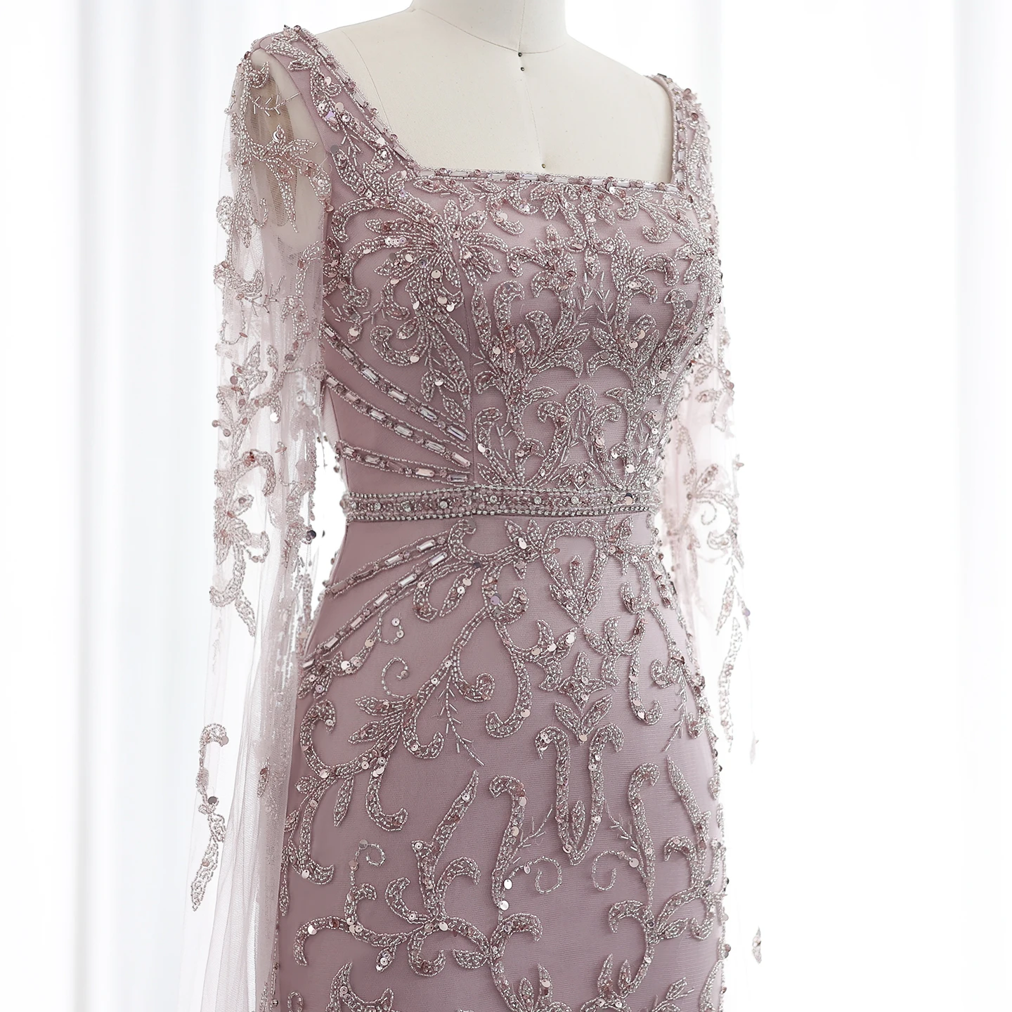 Sharon Said 2026 Luxuriöses Arabisches Türkisfarbenes Abendkleid mit Cape-Ärmeln, Quadratischem Ausschnitt, Arabian Nights Ballkleid SS469 Maßanfertigung – Detail 17