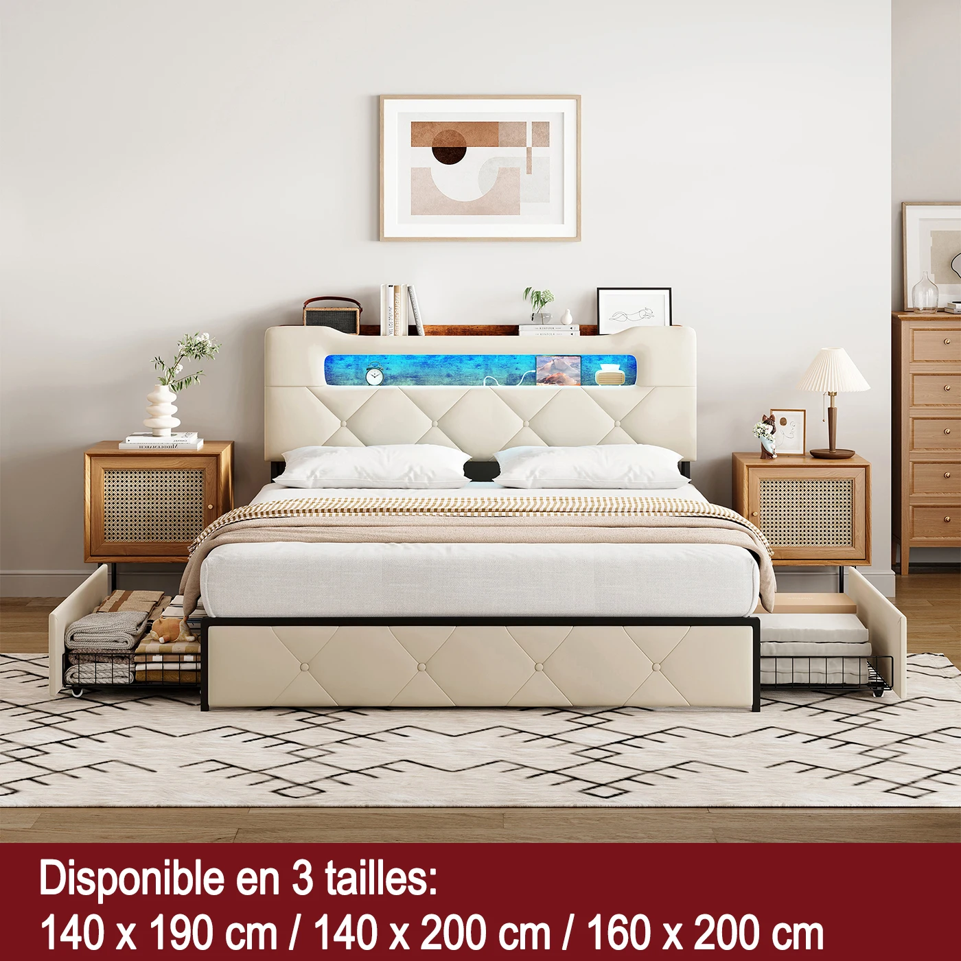 Letto 140x200 con LED e porta USB, letto matrimoniale con 4 cassetti, letto imbottito con rete a doghe, letto cassetti LED, testiera con contenitore,telaio in ferro, Beige, Velour, Senza Materasso