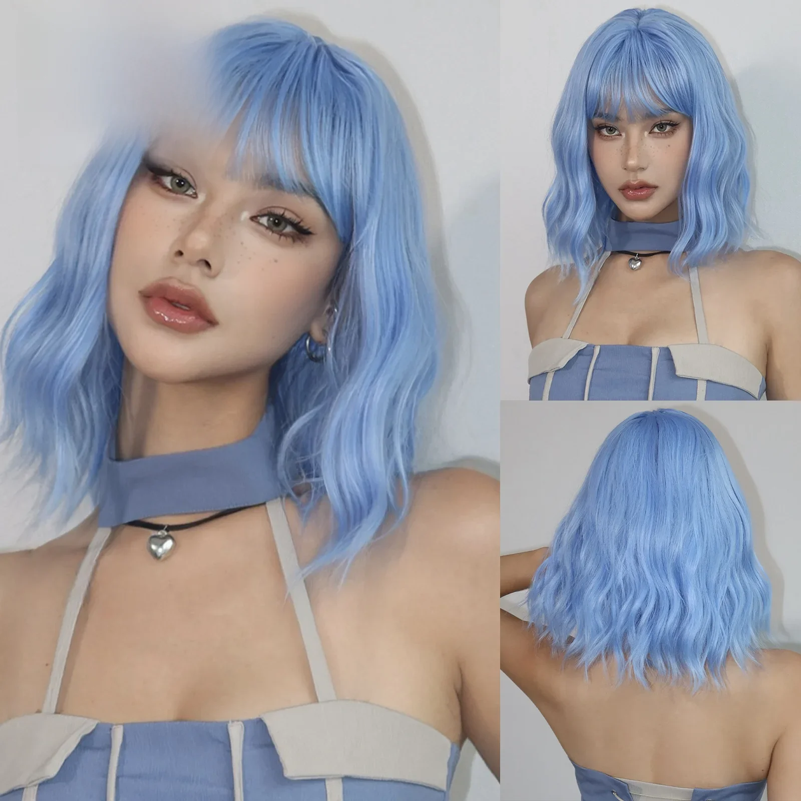 Bob niebieskie kręcone faliste peruki z grzywką krótkie kolorowe peruki Cosplay dla kobiet Afro Halloween DaiIy naturalne odporne na ciepło sztuczne włosy — zdjęcie 2