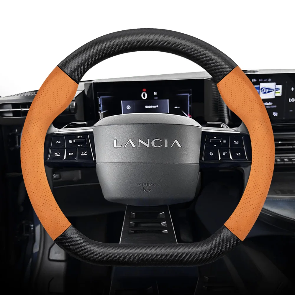 For Lancia Perforated Leather Carbon Fiber Texture Steering Wheel Cover Ypsilon Black Red Mocha Orange Car Accessories Interior