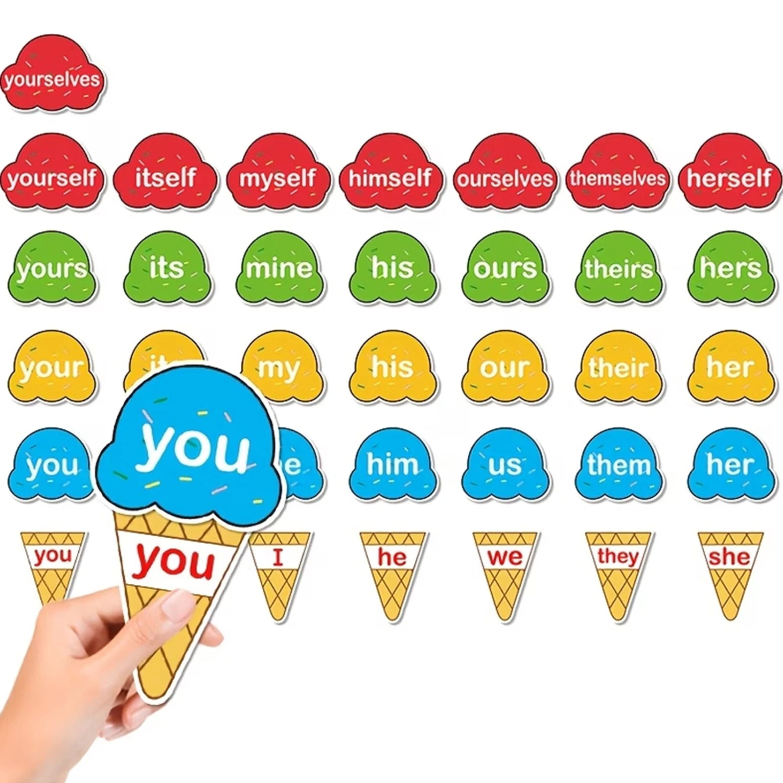 Ice Cream Theme Dry Erase Learning Cards, Color Sorting Activity, Personal Pronouns Learning Flash Cards, Matching Game