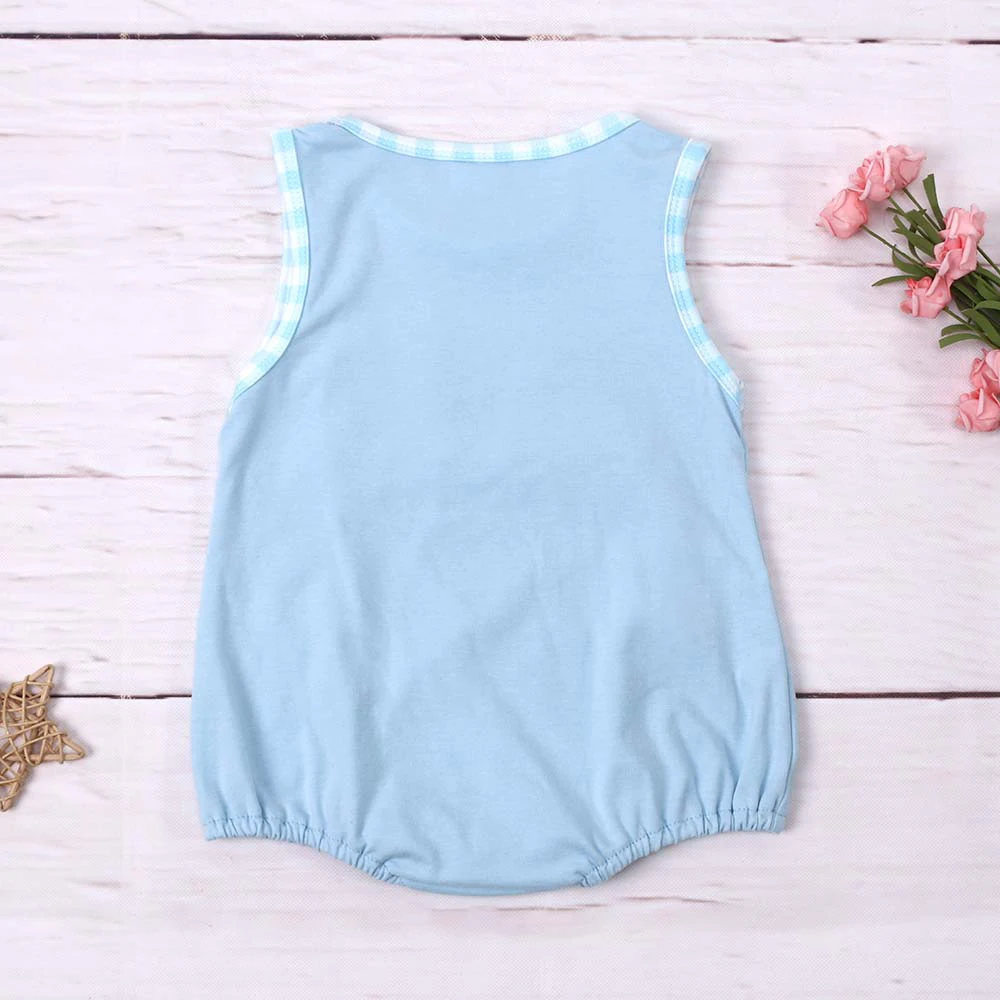 2023 Fashion New Summer Sleeveless Baby Boy Jumpsuit  I Love Mom Embroidery Bodysuit Blue Lattice One-Piece Clothes