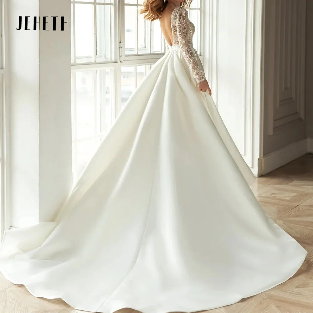 JEHETH-Vestidos De Novia con cuello en V para mujer, falda con abertura De manga larga, Vestidos De Novia elegantes, línea A, hechos a medida JEHETH-Vestidos De Novia con cuello en V para mujer, falda con abertura De m