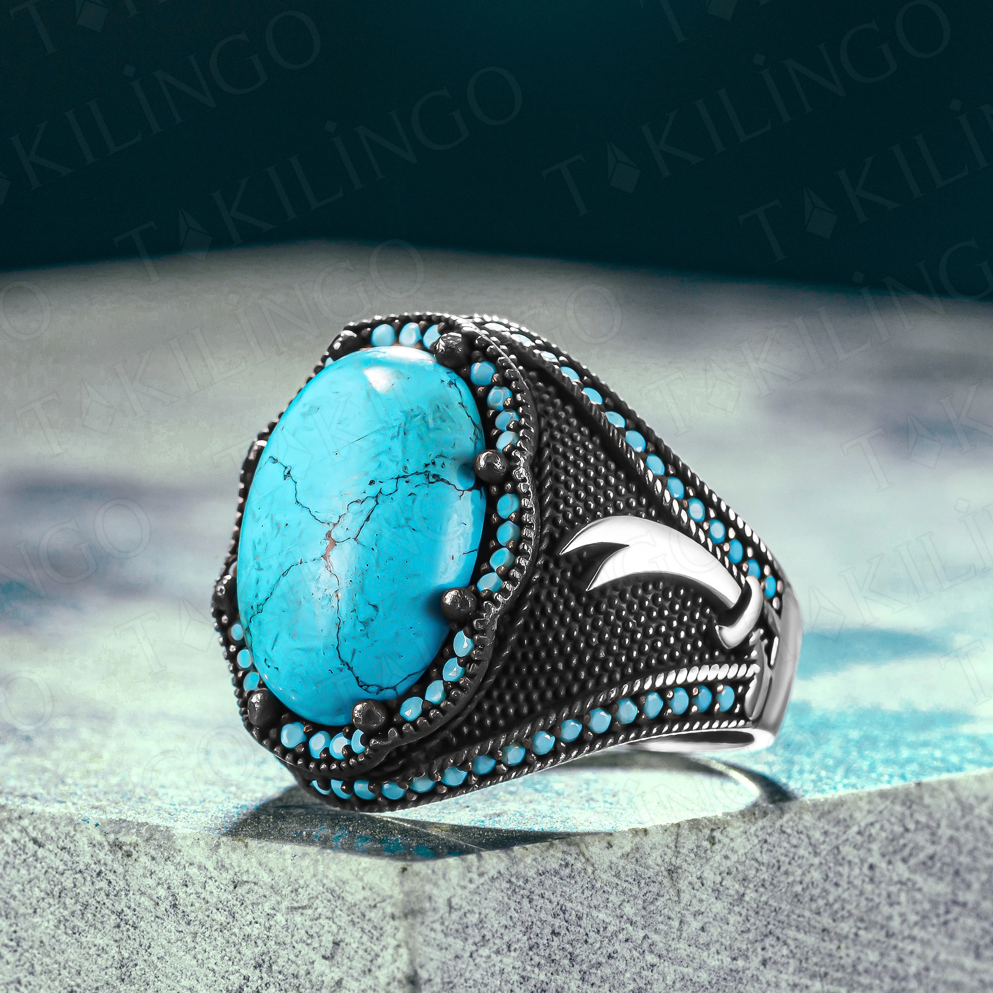 

S925 Sterling Silver Oval Turquoise Stone Sword Model Men's Ring Gemstone Unique Jewelry Turkish Handmade Gift For Men