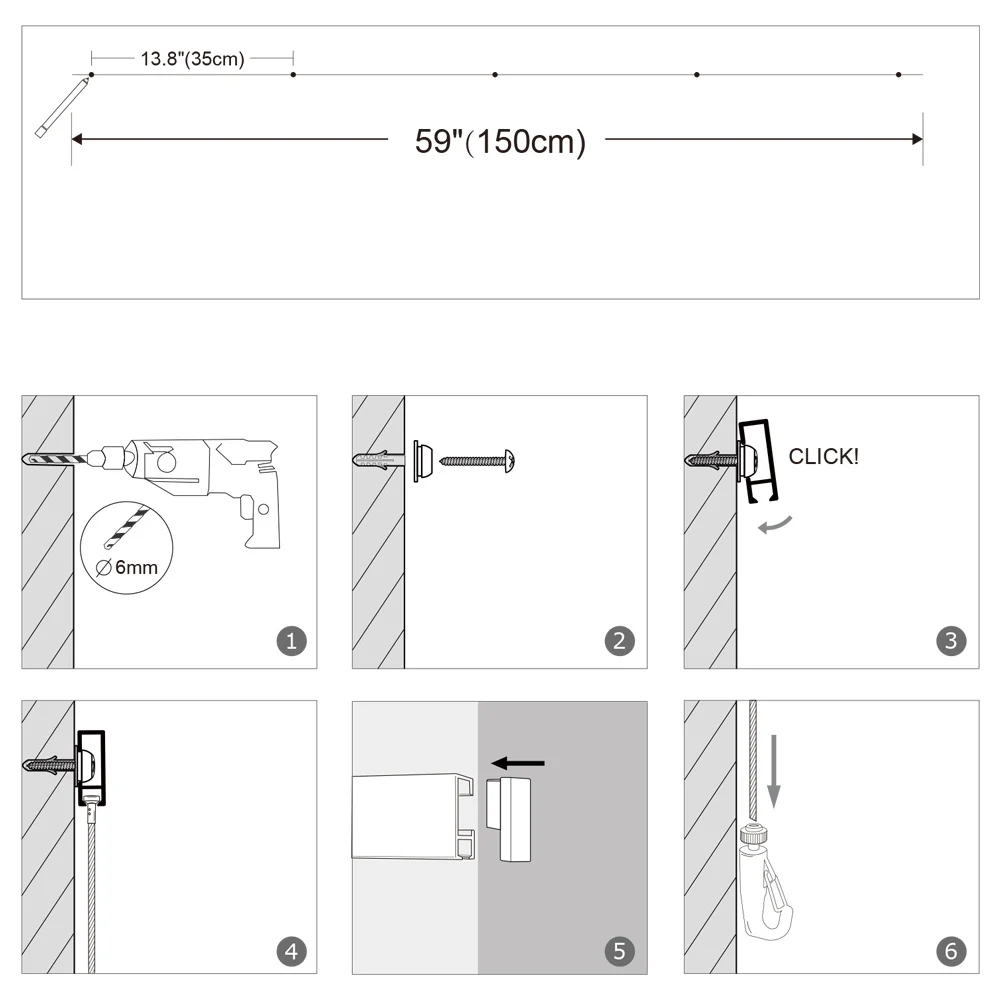 Imagem -02 - Picture Hanging System com Click Rail Dois de Trilhos Brancos 150cm Cabos Ganchos Ganchos Sistema Suspenso Conjuntos