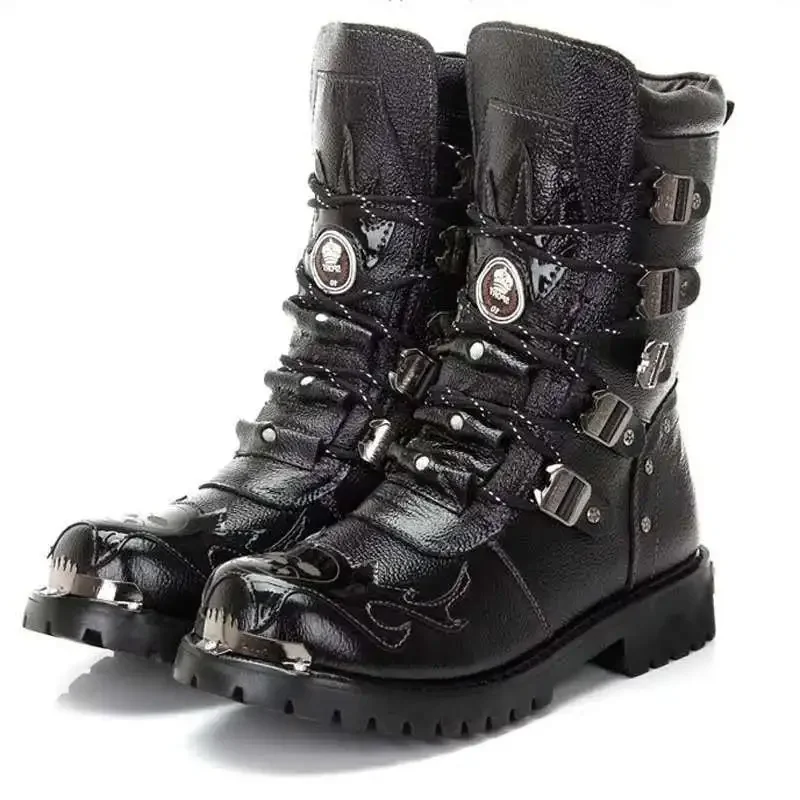 Męskie zimowe buty motocyklowe 2025 Nowa moda Średni stan Gotyckie paski Punkowe buty męskie Skórzane PU Wysokie buty męskie Pluszowe Botas — zdjęcie 2