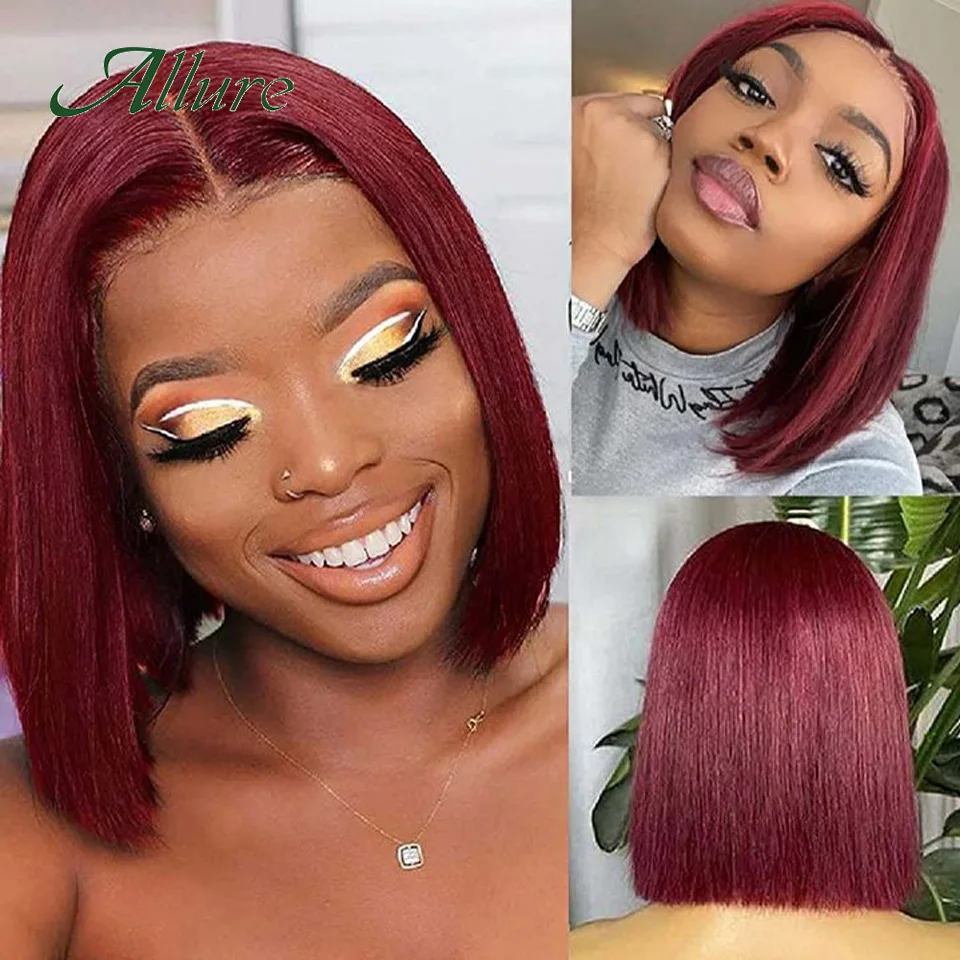 99J Short Burgundy Bob Human Hair Wigs Colored Straight Bob Lace Front Wig For Women Dark Red Glueless T Part Lace Wigs Allure