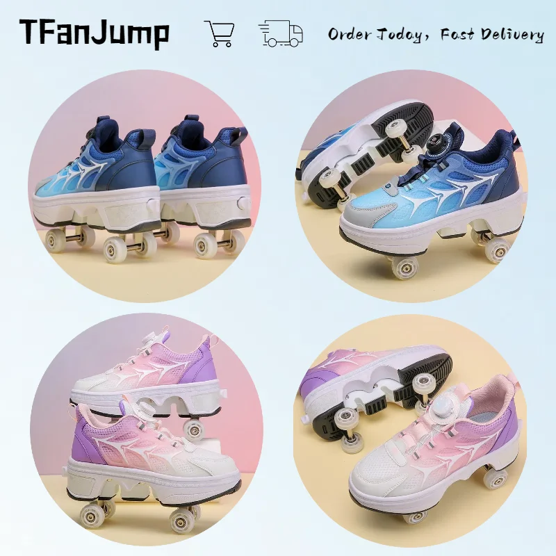 Deformation Roller Skates Shoes Double Row 4-Wheel Skates Roller Shoes with Wheels Dual-Purpose Roller Sneakers Skateboard Shoes