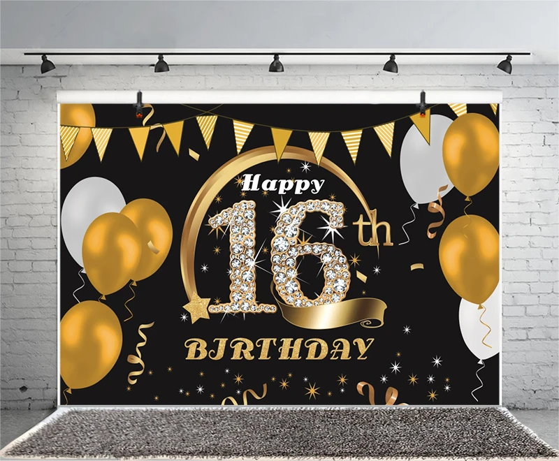 Black Gold 16th Backdrop Balloons Boys Girls 16 Years Old Birthday Party Customized Photo Background Cake Table Decor Banner