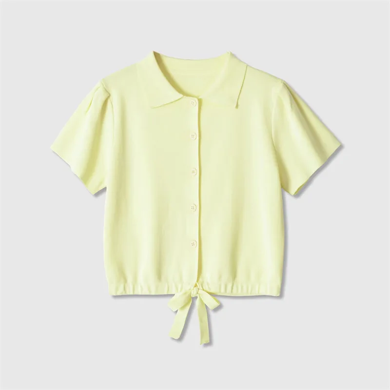 Lapel Short Sleeve Knit Top Women Summer Tie Front Crop Sweaters Casual Yellow Button Blouses Elegant Bow Knot Vest Clothing