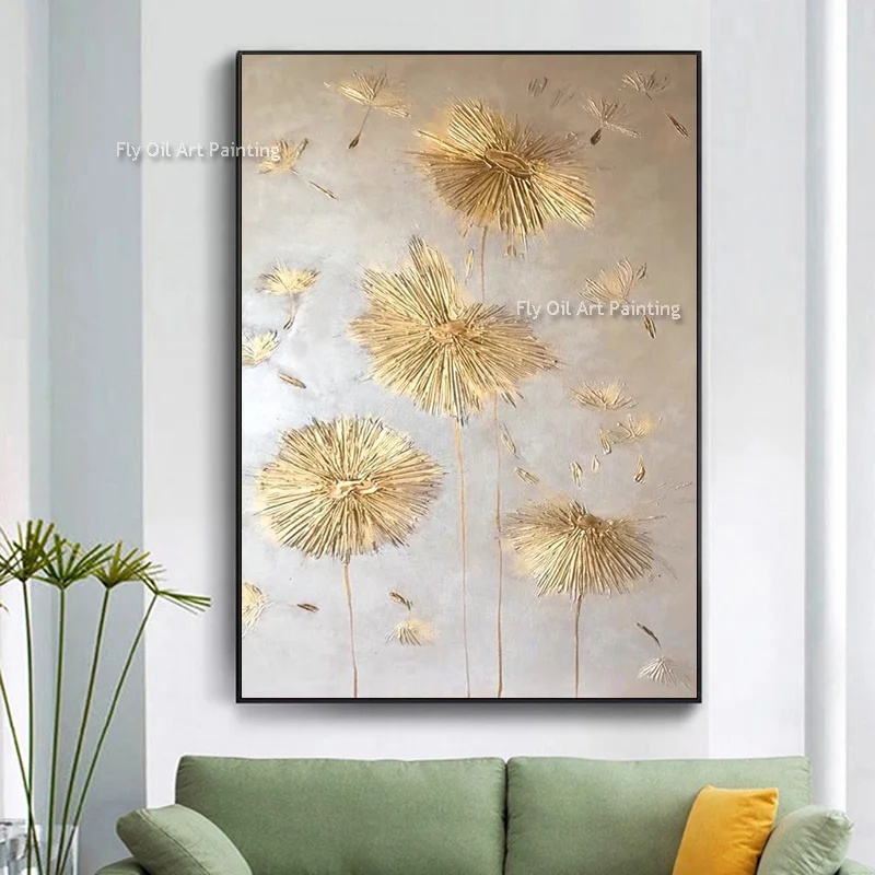 Imagem -03 - Pintura da Lona Dandelion Ouro 100 Pintados à Mão Abstrato Moderno Pinturas a Óleo Ouro Branco Home Wall Decor sem Moldura Melhor Presente