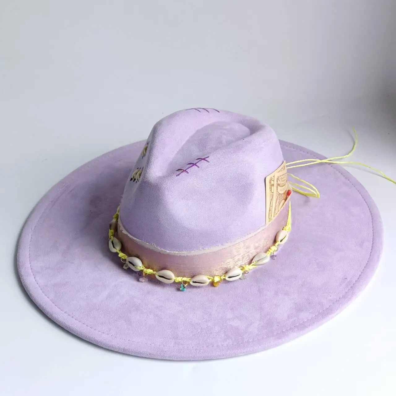 Boho Lavender Cowboy Hat For Women Shell Beaded Band Hand Stitched Wide Brim Western Fedora For Beach Festival Vacation Fedora H