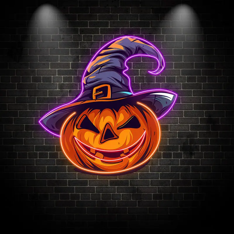 Witch Hat Pumpkin Neon LED Light - Spooky Neon Sign, Wall Halloween Decoration for Parties, Haunted Houses, Gifts, and Festivals