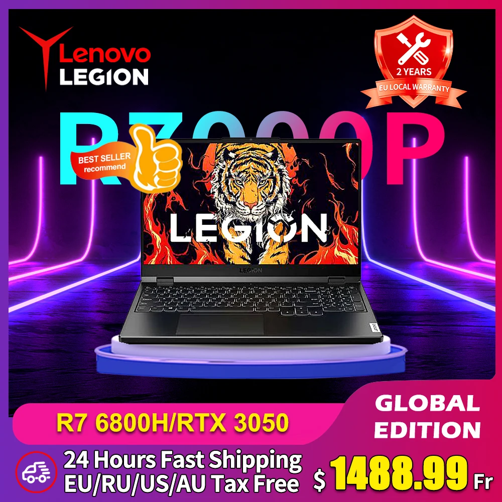 كمبيوتر محمول Lenovo Legion R7000P مقاس 15.6 بوصة للألعاب الرياضية الإلكترونية R7 6800H RTX 3050 Ti 32GB 1TB SSD Windows 11 165 هرتز كمبيوتر محمول
