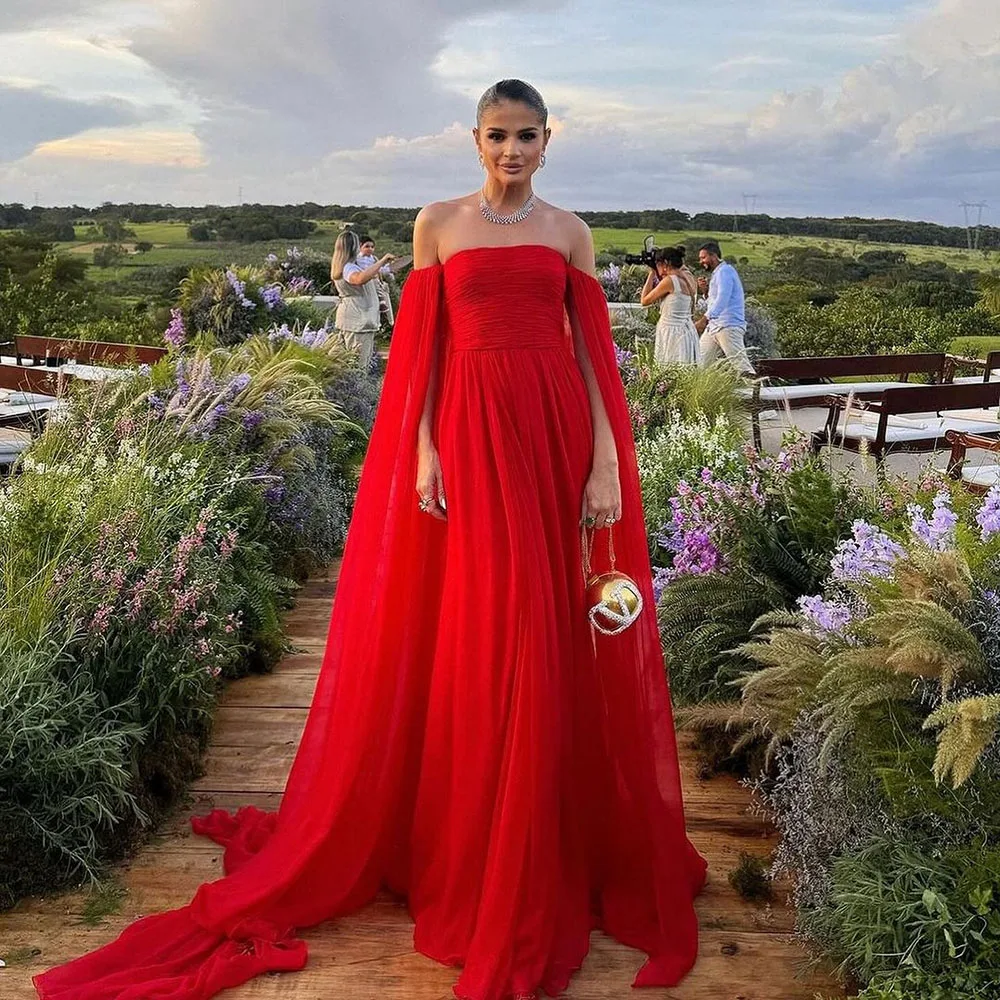 Msikoods Red Evening Dresses With Draped Sleeves Wedding Guest Dress Pleats Backless Chiffon Party Formal Gown Special Occasion