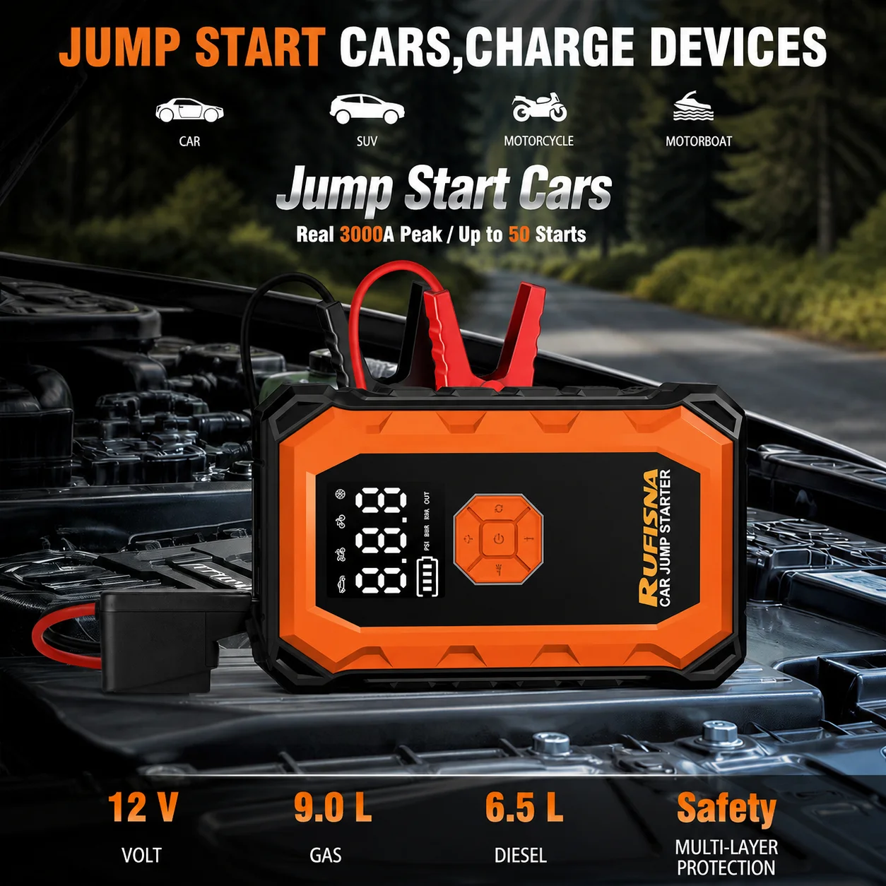 RUFISNA 3000A Peak Car Jump St - Lithium Jump Starter 3000A Peak recension och pris