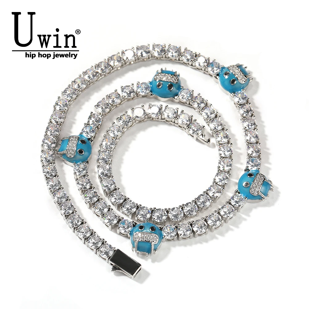 

UWIN 5mm Tennis Chain With Blue Smile Coffee Bean Necklace Iced Out Round Cubic Zirconia Personalized Fashion Choker For Women