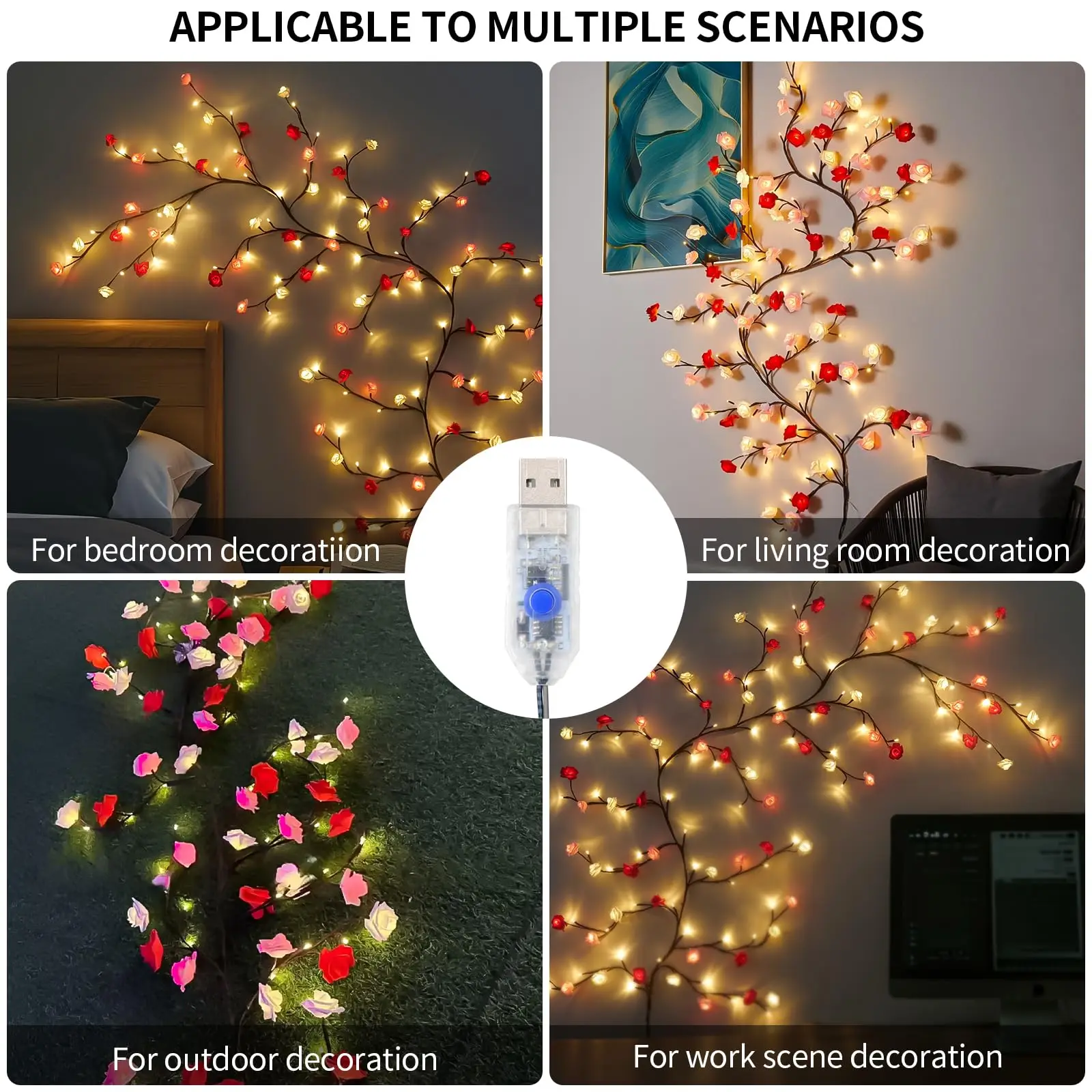مصباح فرع LED وردي للجدران - إكليل زخرفي لفرع الصفصاف على شكل زهرة الورد مع 96 مصباح LED وجهاز تحكم عن بعد، 8 إضاءة م #4