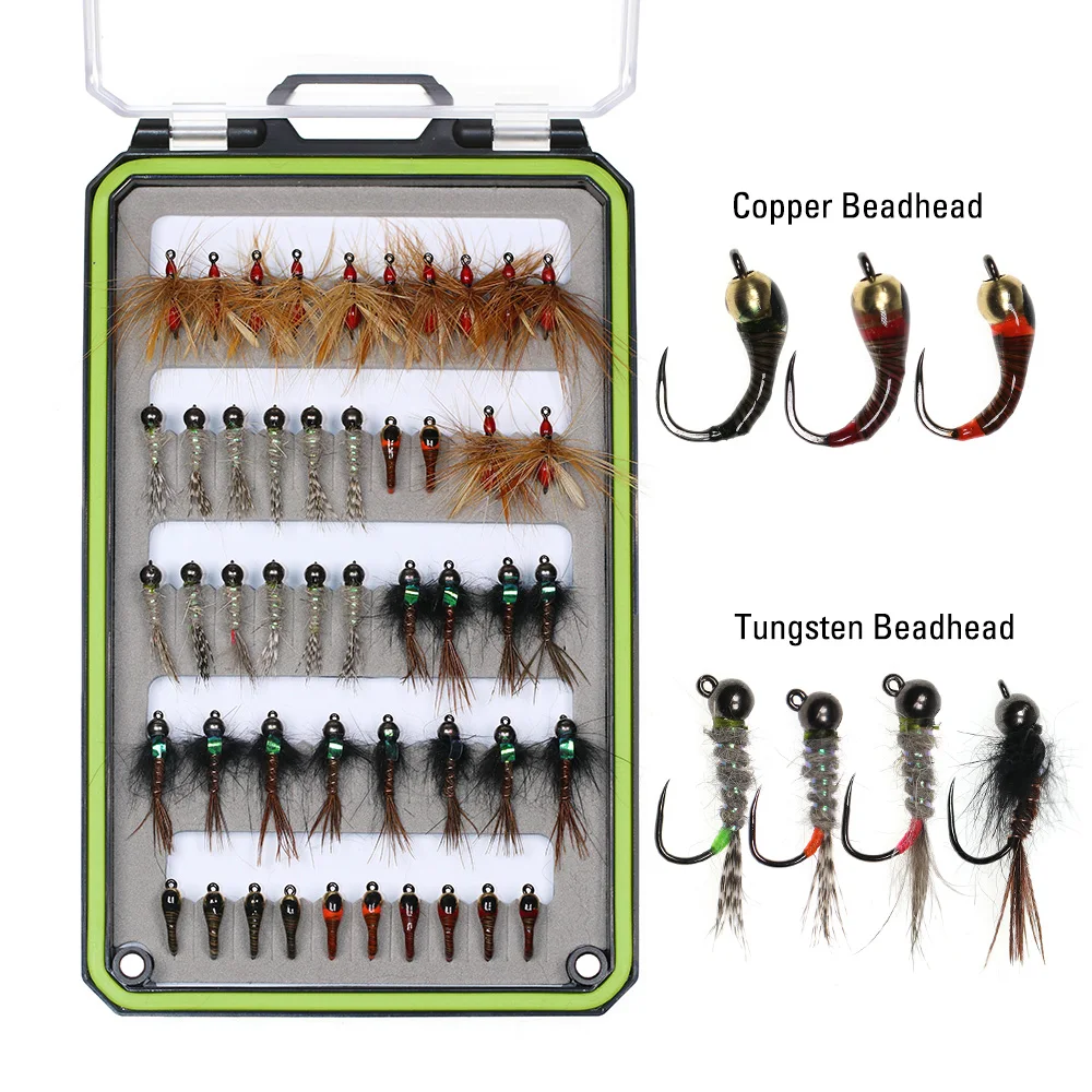 ICERIO 48PCS Nymph Kit  Trout Fishing Fly Lure Baits Tungsten/Copper Beadhead Jig Euro Nymphs Barbless Hook Perdigon Nymphs Ant