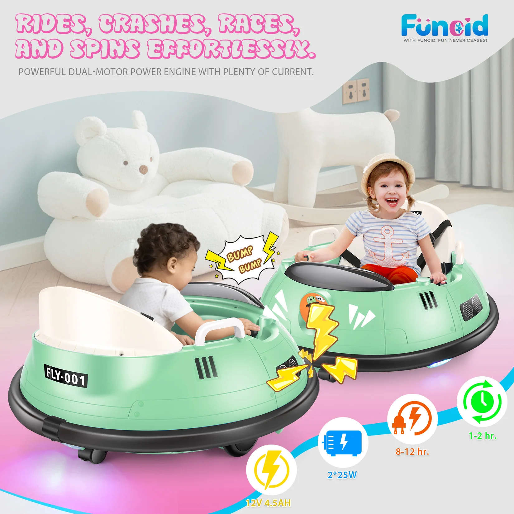 Bumper Cars for Toddlers with Remote, 12V Kids Bumper Car, 360 Degree Spin, 5-Point Harness, LED Lights & Horn, Baby Bumper Gift