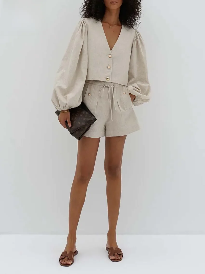 Oymimi eleganckie khaki 2 częściowe zestawy strój damski moda dekolt w serek z długim rękawem koszule z guzikami i spodenki ze sznurkiem zestawy Streetwear — zdjęcie 2