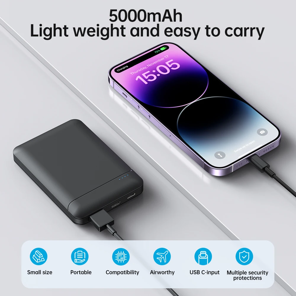 Mini lightweight battery pack, 5000mAh compact portable charger, emergency external power pack