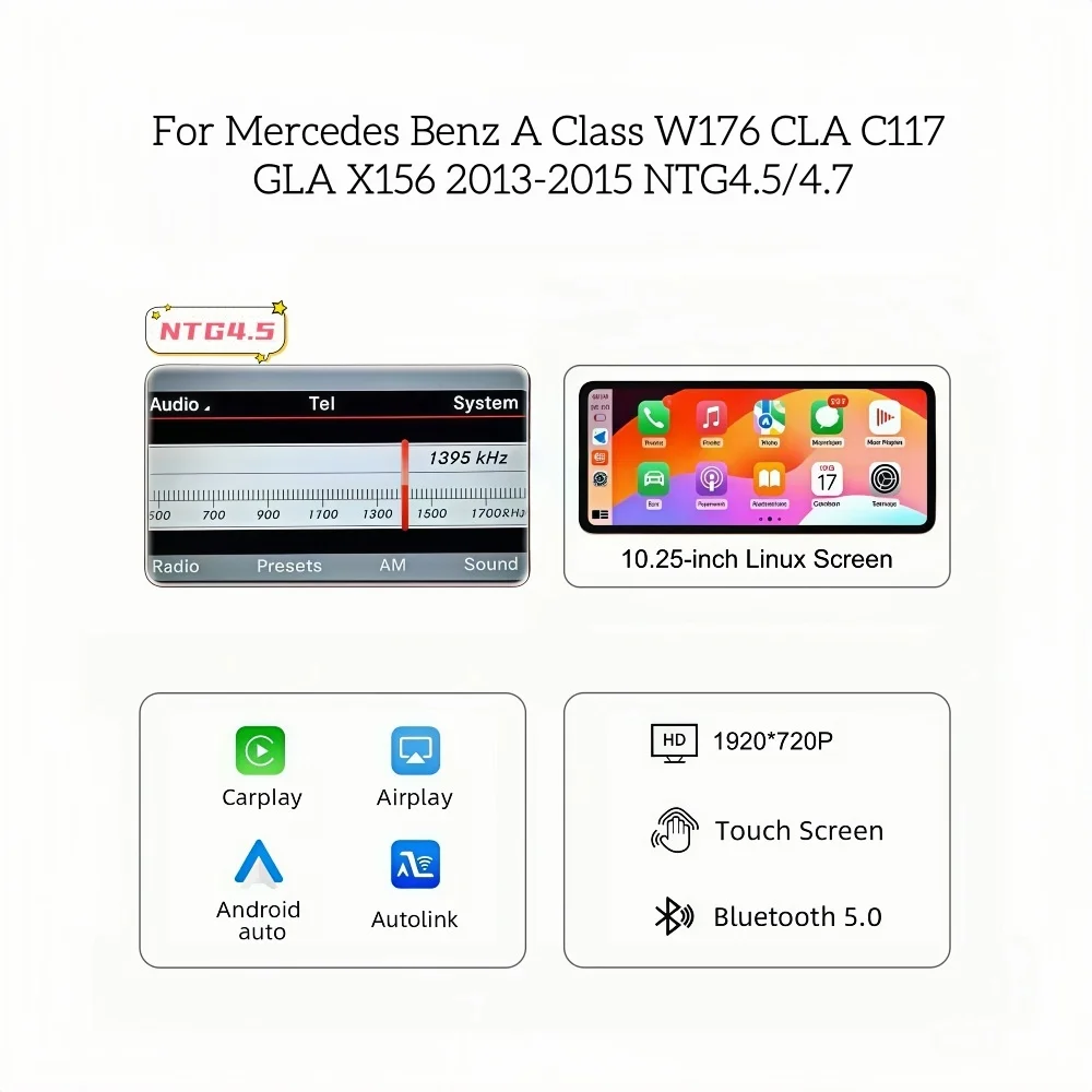 Bonroad 10.25' autoradio voor Mercedes Benz A-Klasse CLA GLA W176 C117 X156 B-Klasse W245 W246 met draadloze CarPlay en Android Auto
