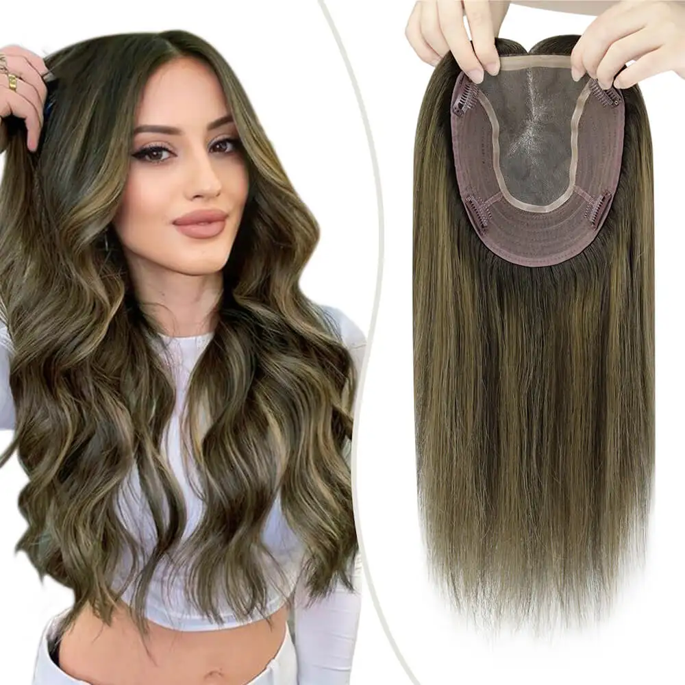 LaaVoo Hair Pieces Extensions Virgin Topper For Short Thining Hair Hand Made 6*7inch Real Brazilian Hair Mono And PU Base Hair