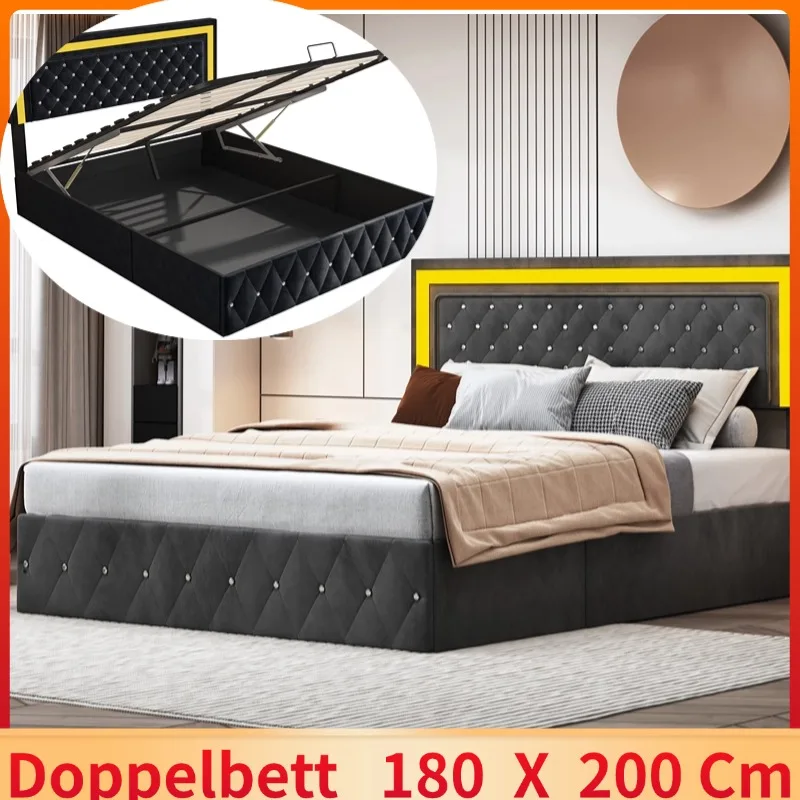 Storage bed , double bed with LED strip with slatted base and Buckle headboard, Velvet  - 180x200cm