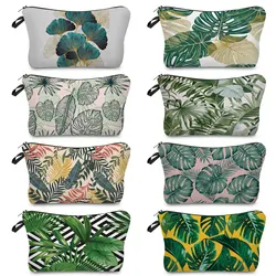 Female Plant Leaf Print Student Stationery Storage Cosmetic Bag Outdoor Travel Women's Handbag Pencil Case Makeup Organizer Bags