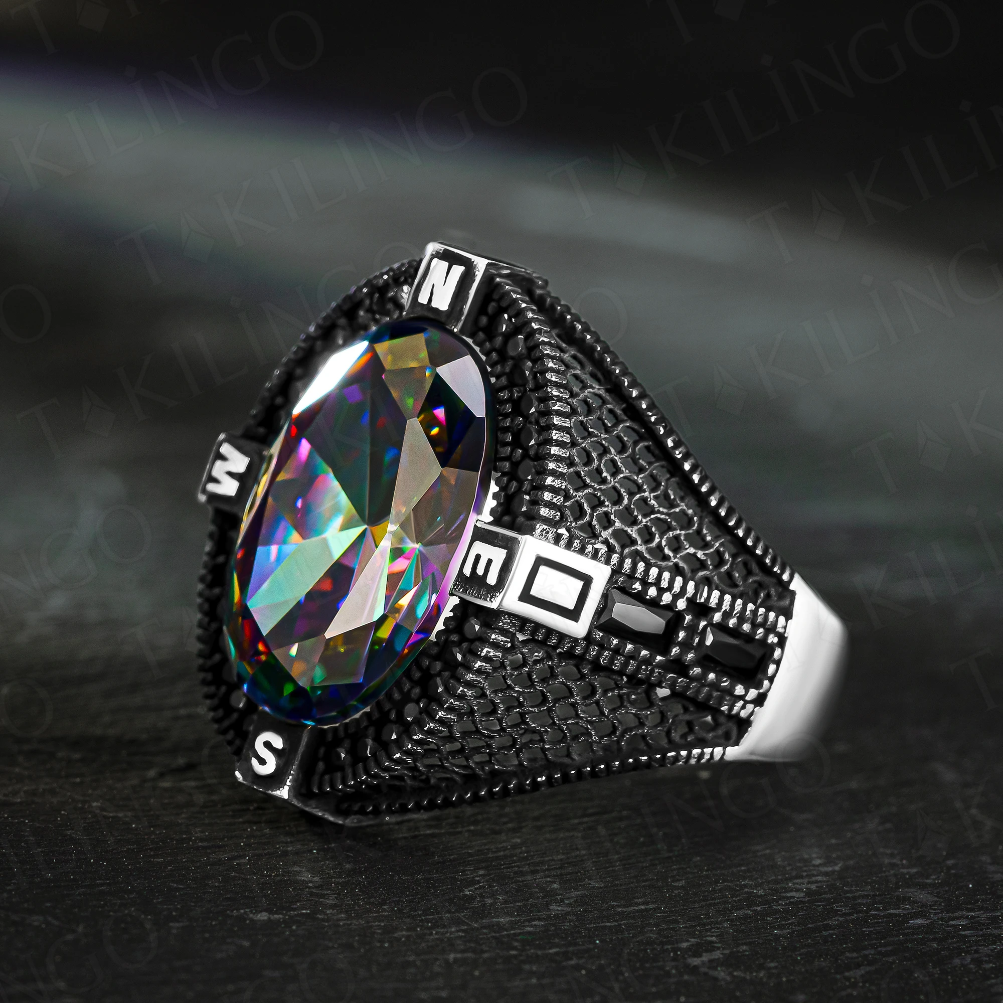 Stamped Solid 925 Sterling Silver Compass Design Oval Mystic Topaz Men's Ring Handmade Sailor Silver Jewelry Gift For Men