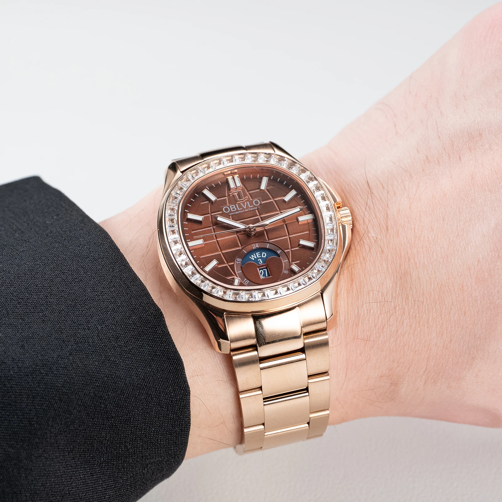 

OBLVLO Men's Square Automatic Watch Rose Gold Brown Dial Diamond Bezel Waterproof Mechanical Bracelet Rejos FM-SL-DD-D