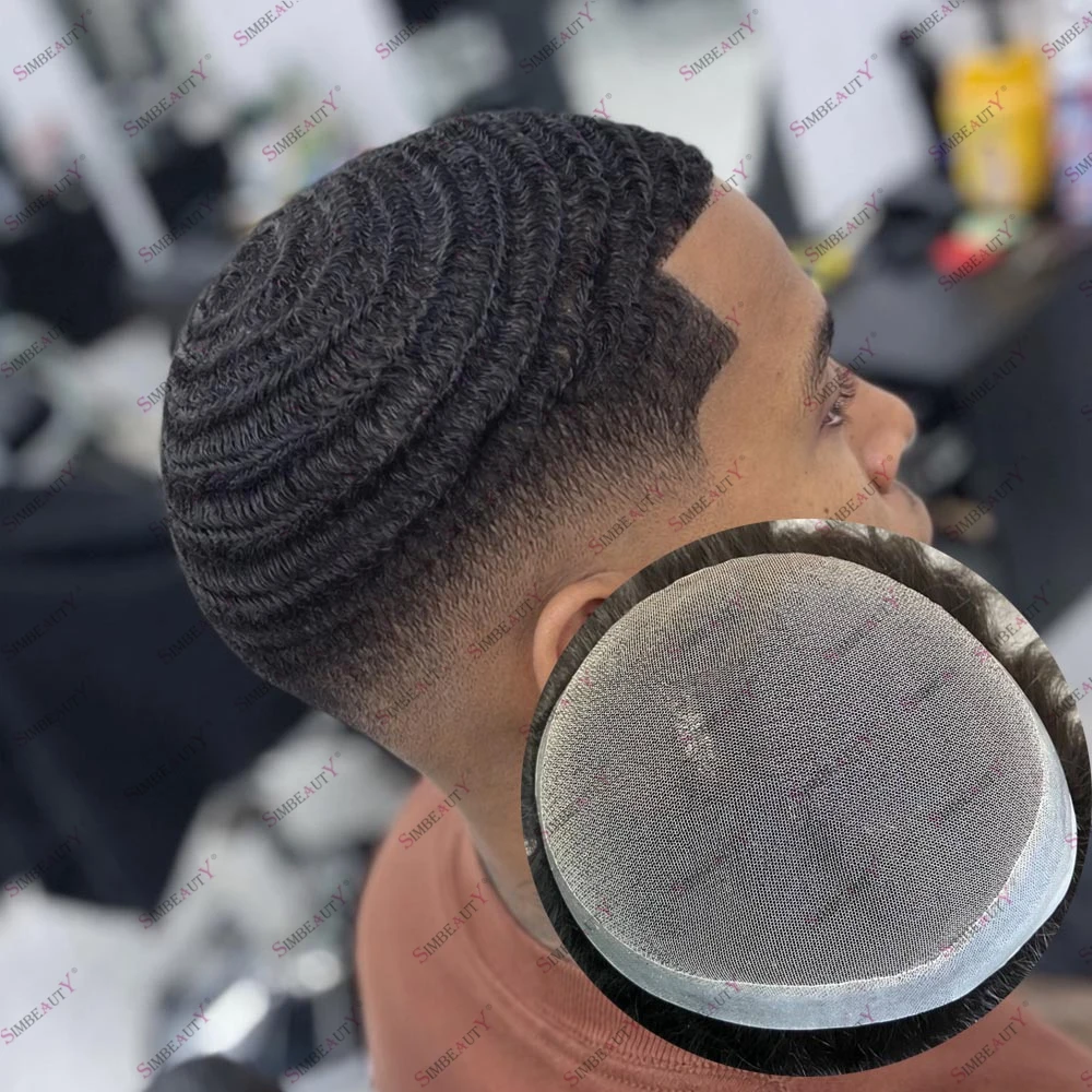 

Дышащий парик-накладка из кружева и полиуретана с 100% натуральными человеческими волосами для мужчин, черный, 8 мм, 10 мм, глубокая волна, легко надеваемый, на основе из искусственной кожи, с естественной линией роста волос