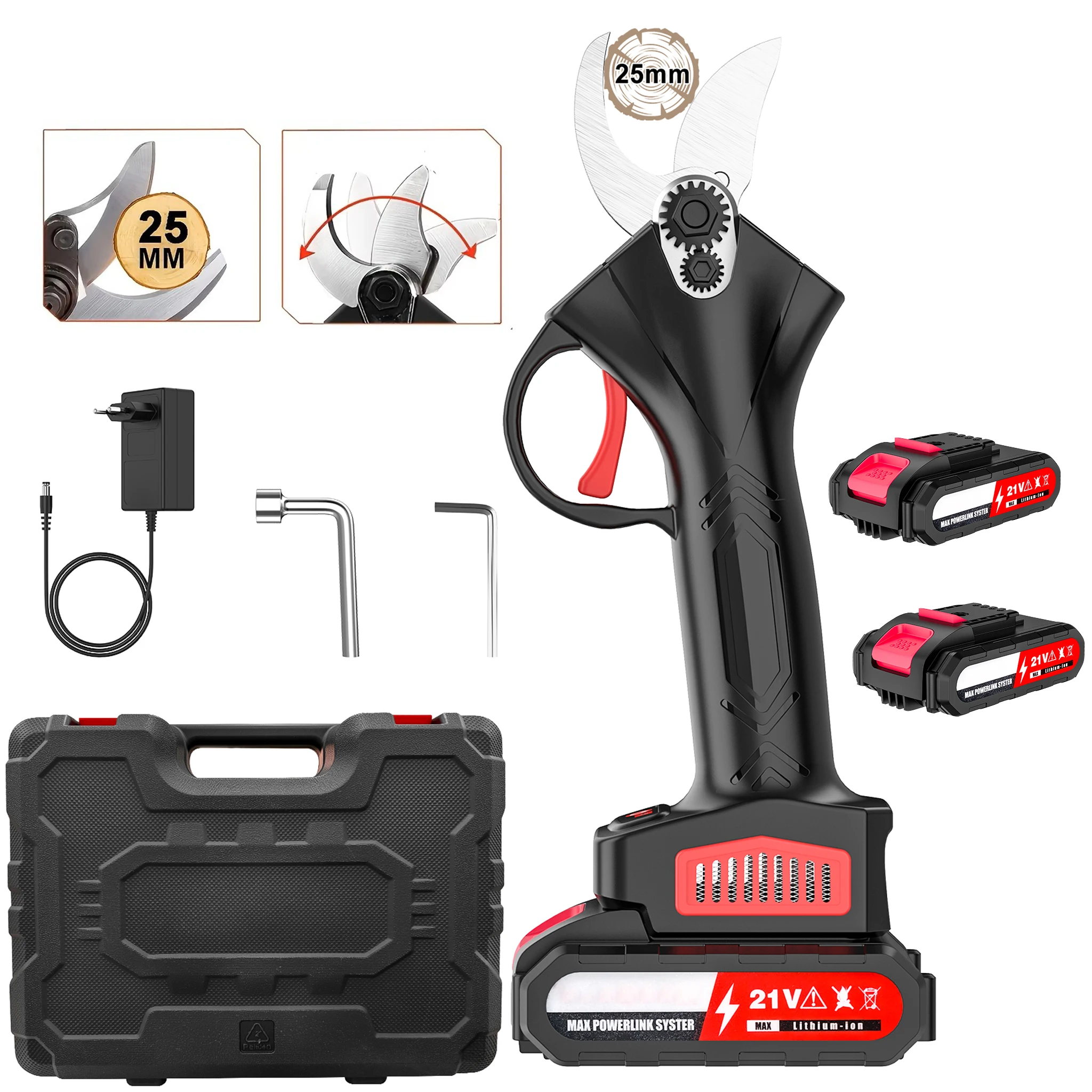 Potatore elettrico senza fili da 1200 W, con lame da 25 mm, motore a spazzole, per potatura di alberi da frutto, bonsai e rami, utensile da giardino, 2 batterie da 21 V.