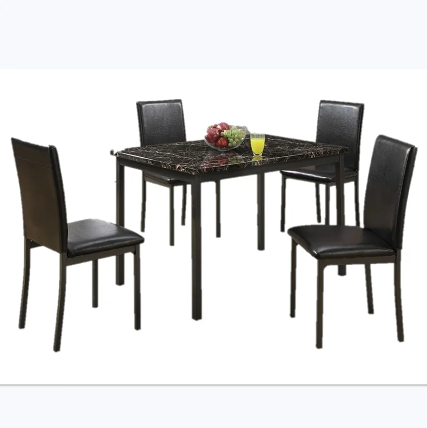 5pc  Dining Table Set Dining Room Furniture Table And 4x Chairs Faux Marble Top table Black Faux Leather Chairs Home Kitchen