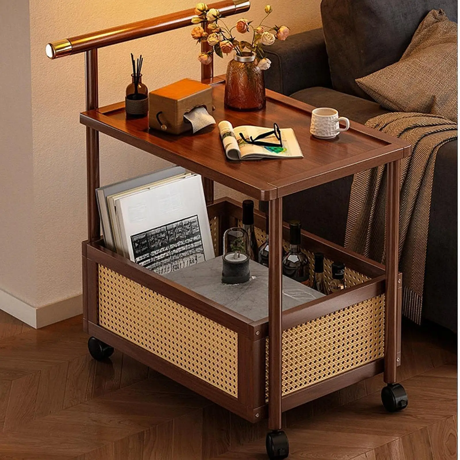 

Movable Retro Trolley Sofa Side Several Living Room Home Coffee Table Side Cabinet Bedroom Bedside Bed Rattan Shelf Sofa Side