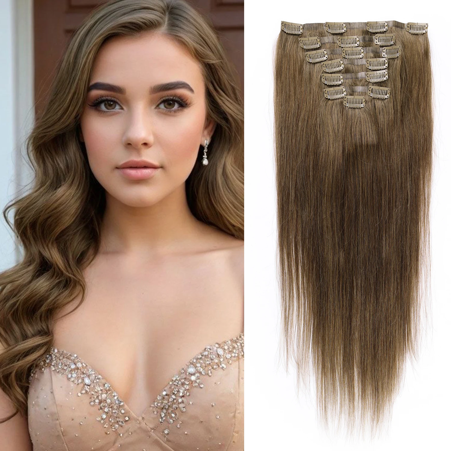 7 Pcs PU Skin Weft Clip In Human Hair Extensions Silky Straight Real Remy Human Hair Seamless Clip Ins Hair Pieces For Women