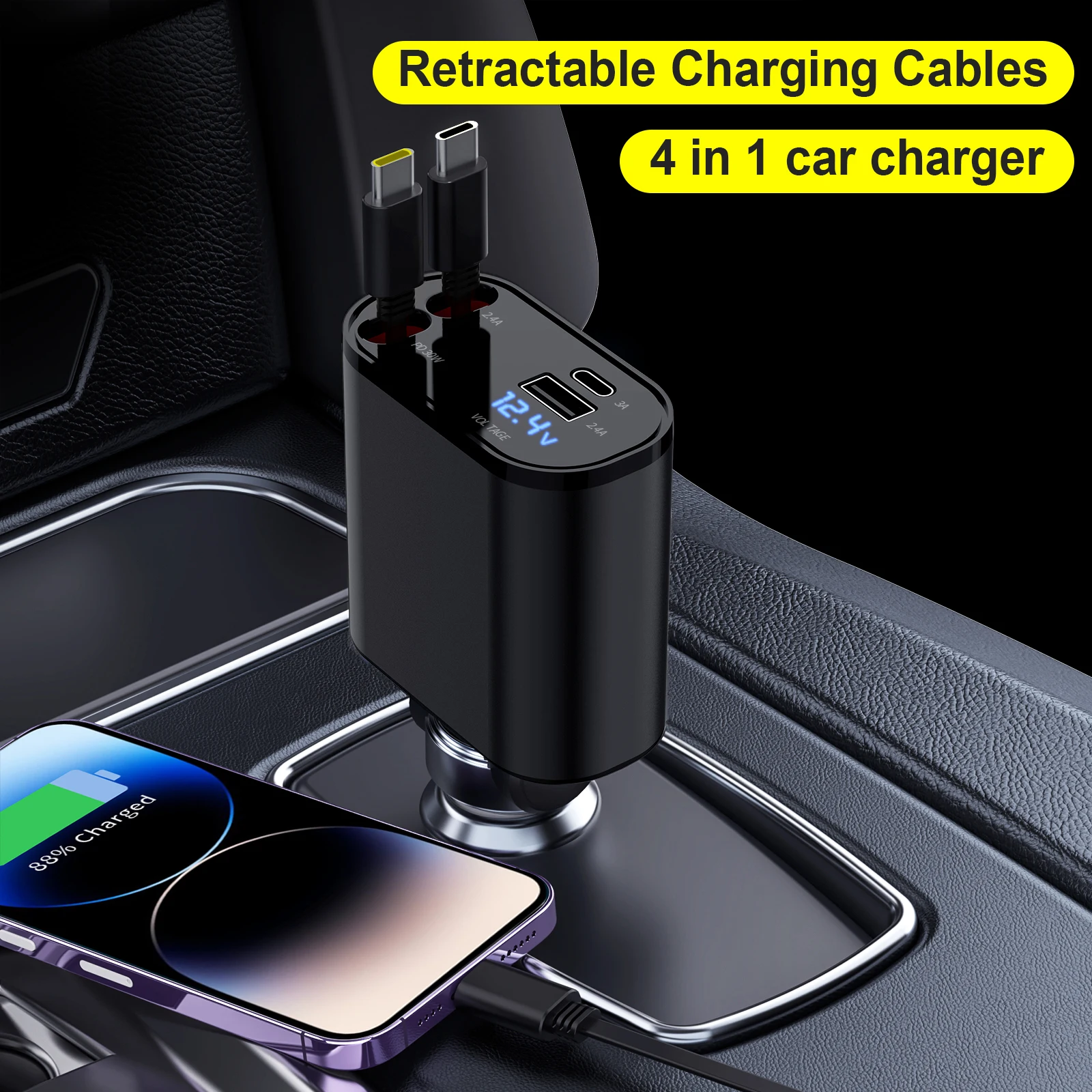 4 in1 Retractable Car Charger,66 WFast Charge.2 type-c Retractable Cables and 2 USB Ports Car Charger Adapter.For Samsung,iphone