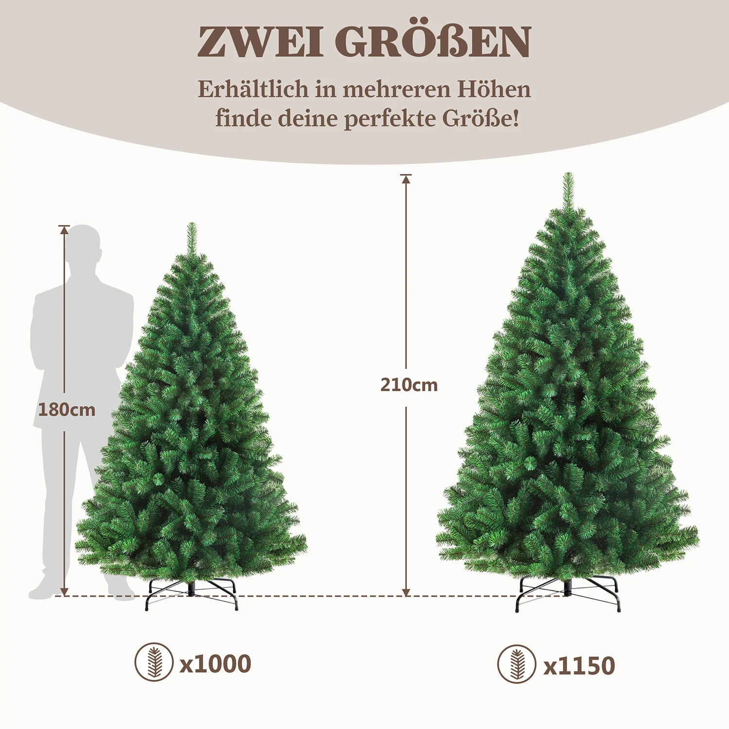 180/210 cm künstlicher Weihnachtsbaum aus PVC mit Metallständer, faltbare Bäume mit 900/1050 Spitzen, faltbar, Party-Dekoration für drinnen und draußen – Detail 7