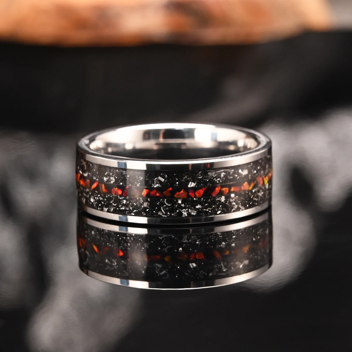8MM Tungsten Carbide Ring Men's Wedding Bands Inlaid Meteorite Dinosaur Bone Fashion Jewelry  Engagement Promise Rings For Men