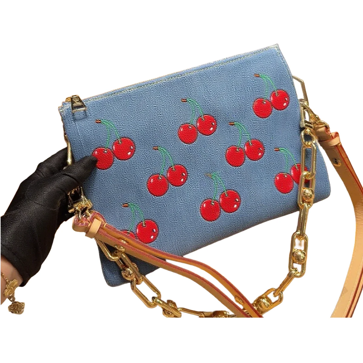 

US Local Store - Blue Denim Cherry Print Crossbody Bag, Stylish Chain Strap Shoulder Bag for Women