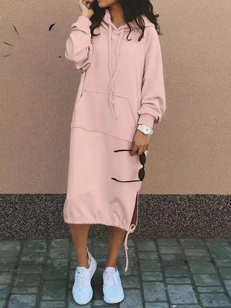 2023 herfst- en wintermode nieuwe damestrui gewaad grote capuchon elegante zak split warme hoodie lange jurk - afbeelding 2