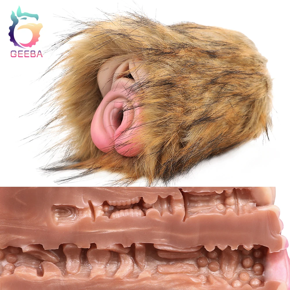 GEEBA Animal Tiger-Male Masturbators Cup With Fur Lifelike Pocket Pussy Stroker Silicone Sucking Sex Toys for Man Dual Channel