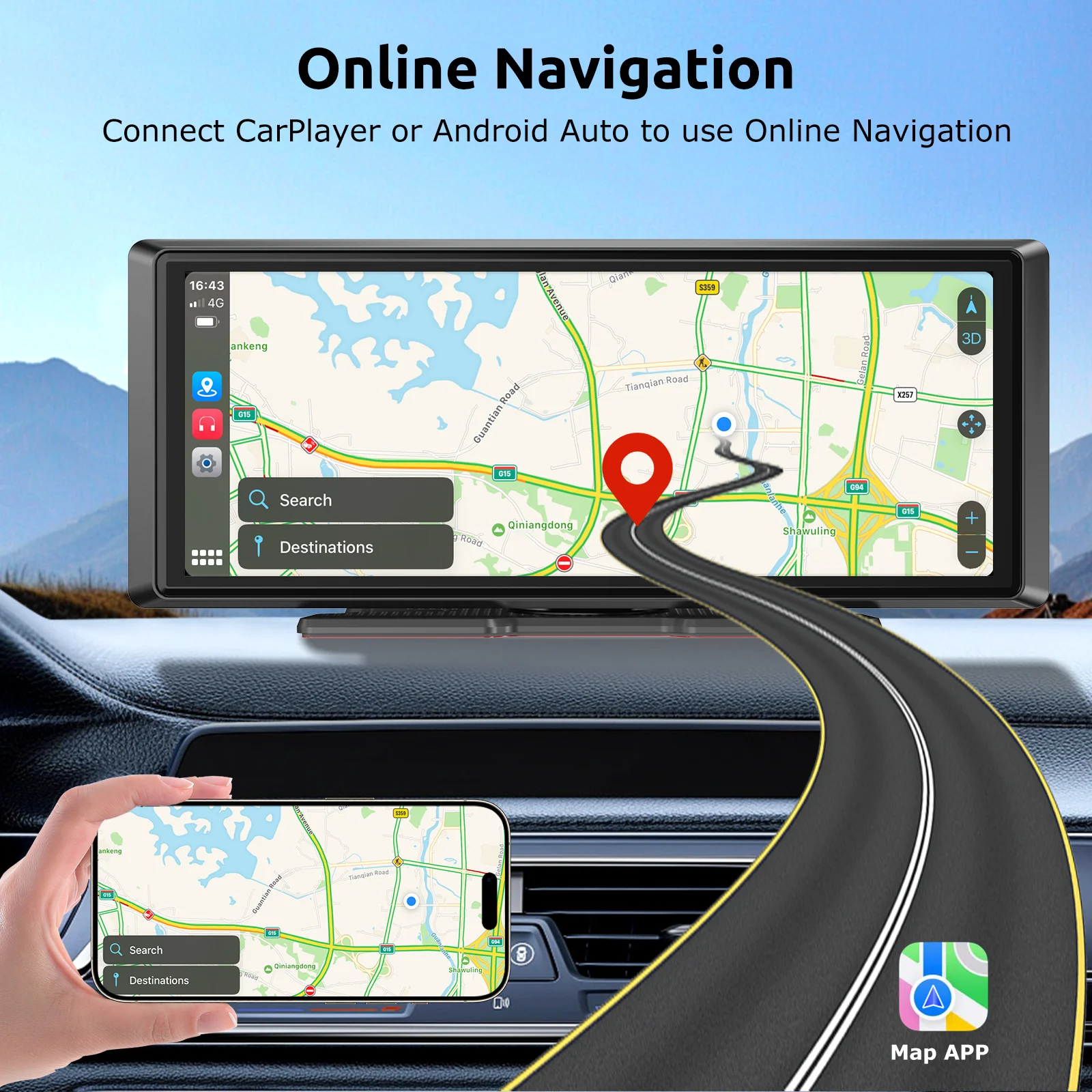ESSGOO 8.1" 4K+1080P Carplay Universal para Coches Camionetas SUV Pickups CarPlay Inalámbrico Portátil Android Auto WiFi Navegación GPS FM BT5.3 Reproductor MP5 AUX Mirror Link