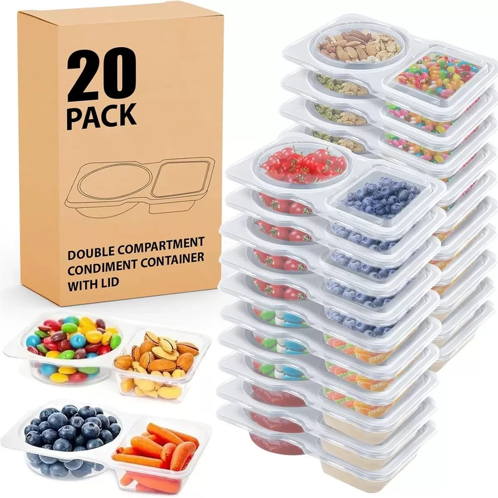 Contenedores de paquete de refrigerios de 20 piezas, contenedores de condimentos de doble compartimento con tapas, contenedores reutilizables para inmersión de salsa pequeña