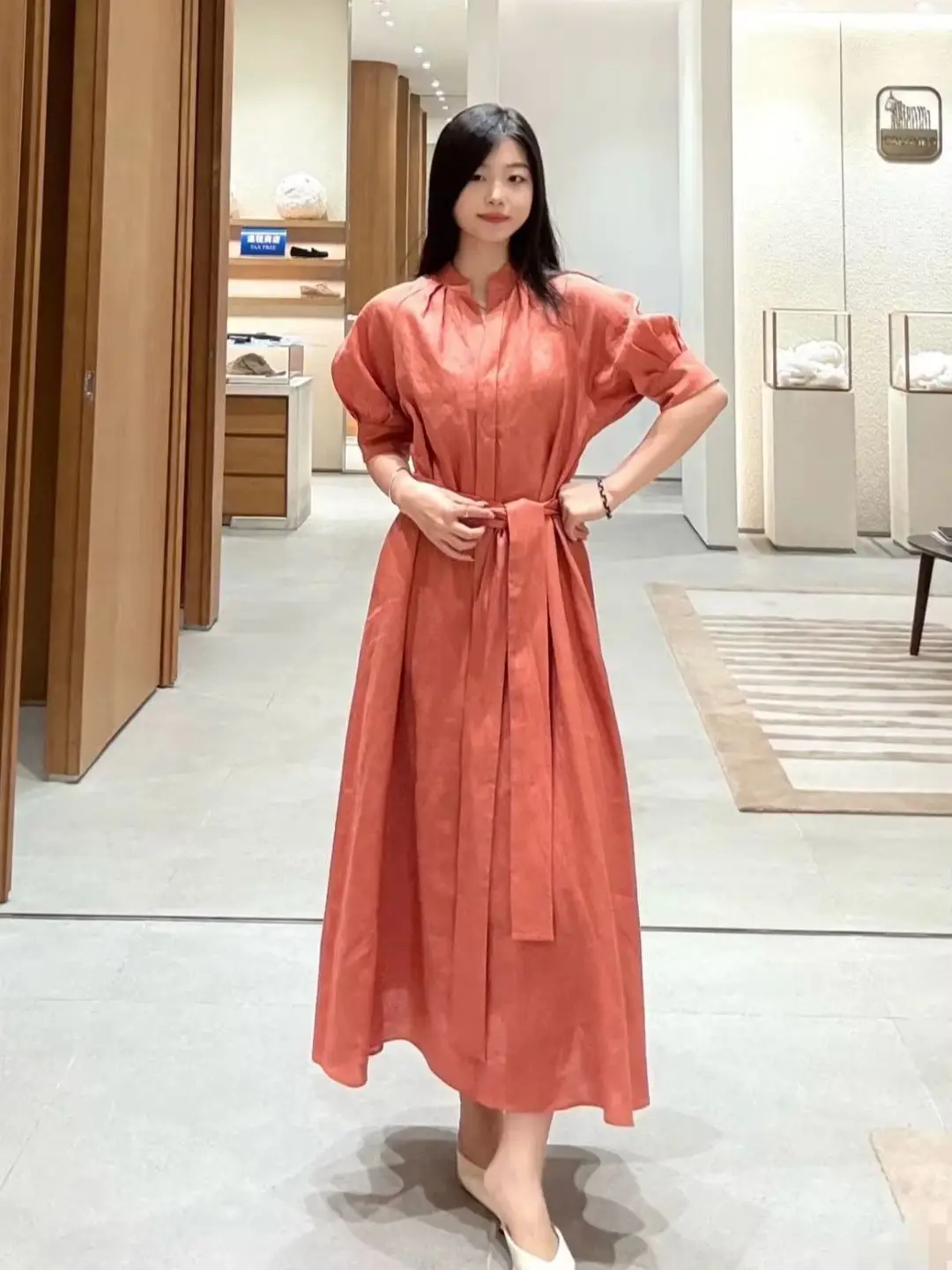 Elegant casual 2025 summer collection women's fitted midi length linen dress