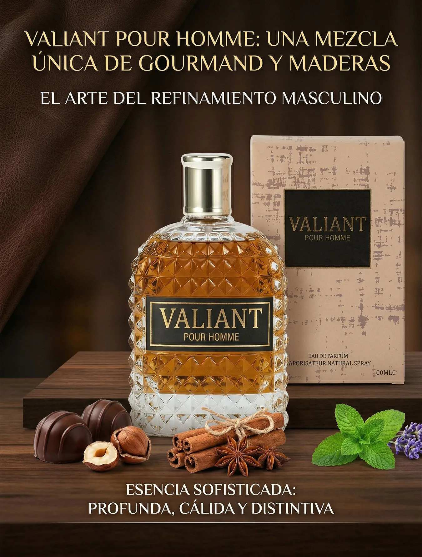 Perfume Valiant Pour Homme 100ml EDP Fragancia Caballero Aroma Gourmet Chocolate y Maderas Elegantes Loción Masculina de Larga Duración para Citas y Eventos Nocturnos Envase de Lujo Diseño Diamond Cut Lovali